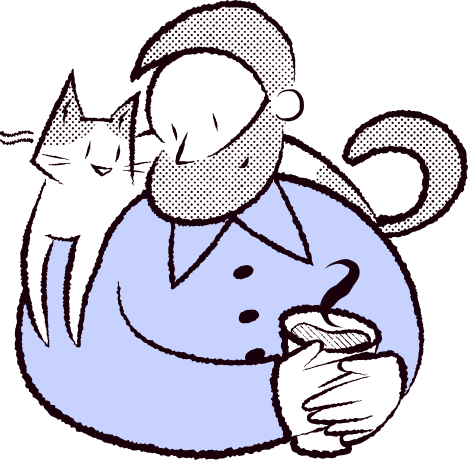 An illustration of a cat on a man's shoulders