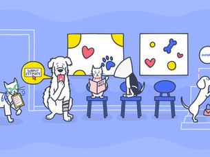 cartoon dogs and cats sit in a waiting room