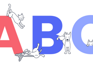 the letters ABC with cartoon cats and dogs hanging around them