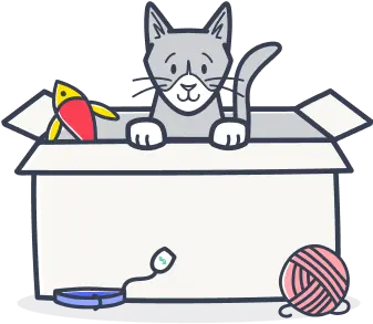 Illustration of a cat in a box with new toys