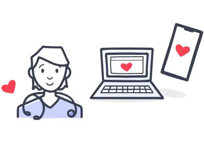 Illustration of a vet, a computer, and a phone with hearts