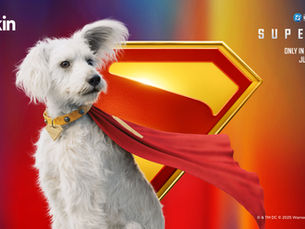 Krypto the superdog standing in front of superman logo