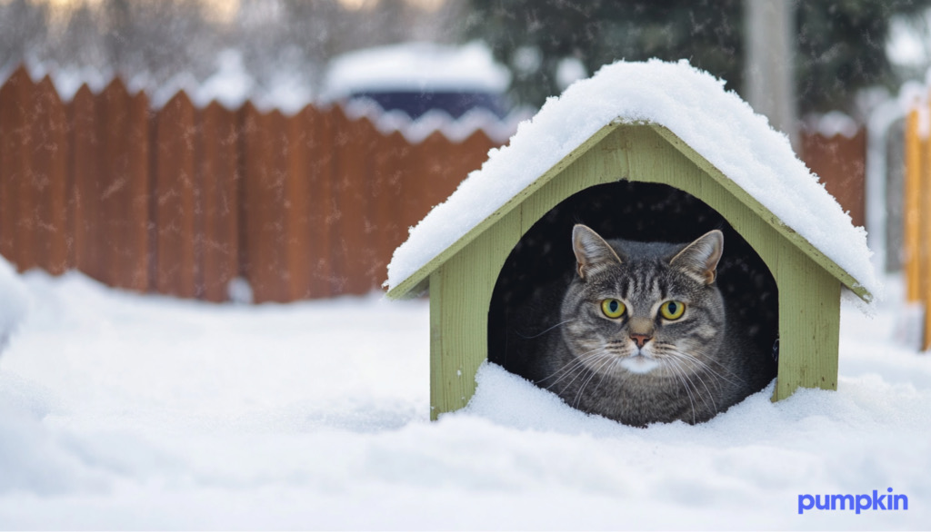 a gray cat in an outdoor cat shelter covered in snow