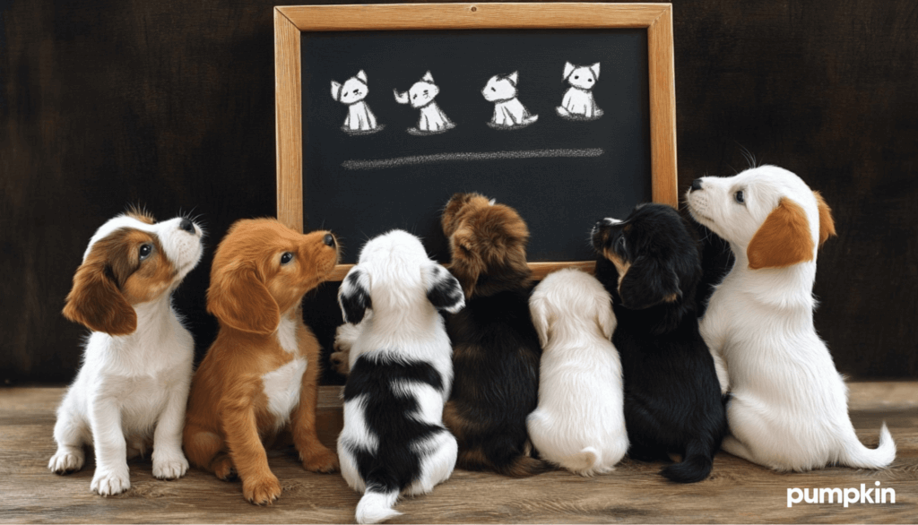 Many puppies sitting in front of a chalk board in class