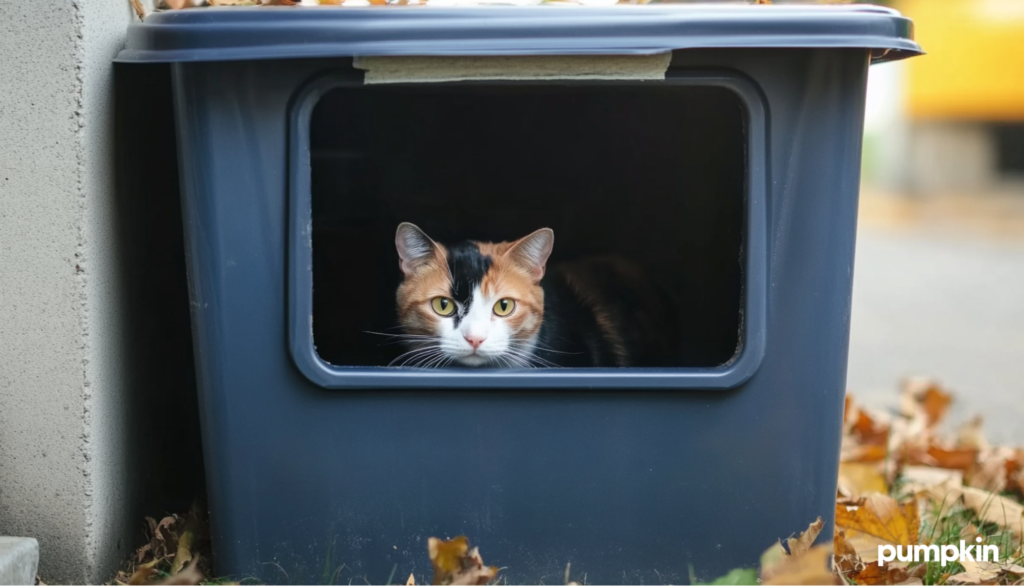 a calico cat resting in an outdoor cat shelter made from a plastic storage bin