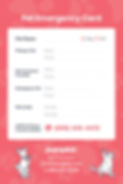 Pet Emergency Card template with sections for pet info, vets, and microchip. Red background, cartoon dog and cat, Pumpkin Pet Insurance details.