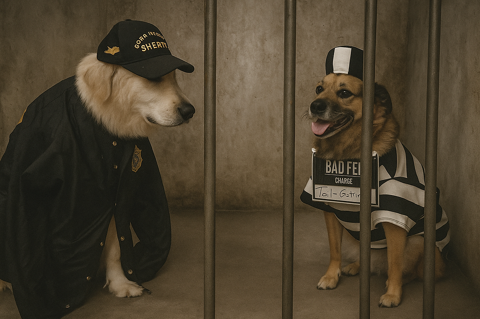 Two dogs behind bars in a jail set, one dressed as sheriff, one as prisoner with BAD FELONY CHARGE sign, playful.