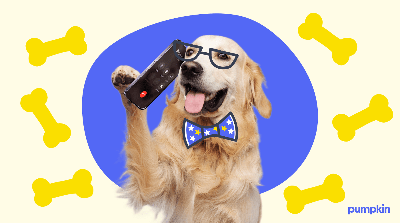 A photo of a golden retriever holding a phone on an illustrated background