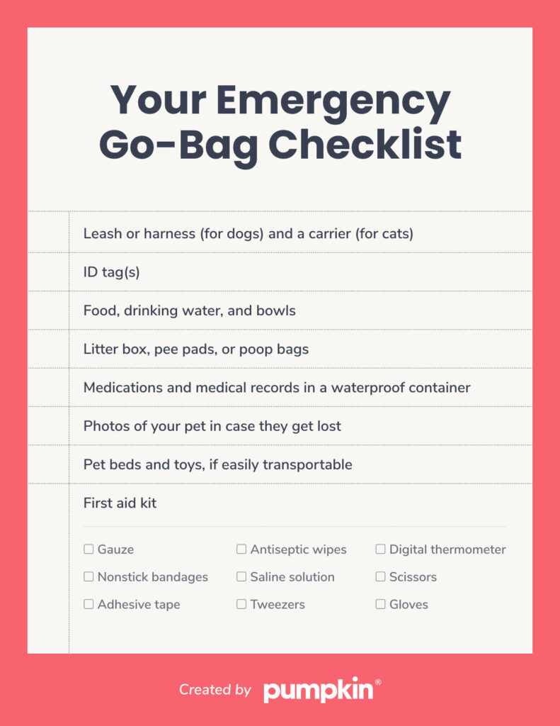 Your Emergency Go-Back Checklist
A leash or harness (for dogs) and a carrier (for cats)  
An ID tag 
Food, drinking water, and bowls 
A litter box and pee pads 
Medications and medical records in a waterproof container
Photos of your pet in case they get lost (take photos of you together, if you can, to help establish that your pet belongs to you, when found) 
Pet beds and toys, if easily transportable
A first aid kit
Gauze
Nonstick bandages
Adhesive tape
Antiseptic wipes
Saline solution
Tweezers
A digital thermometer
Scissors
Gloves