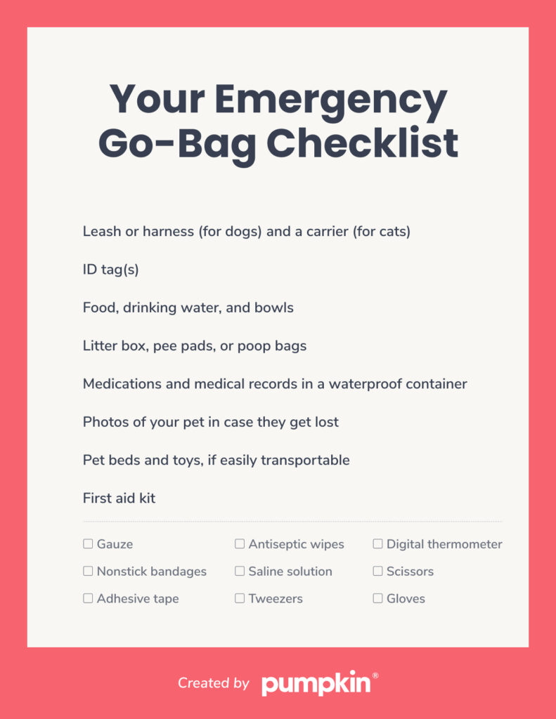 Your Emergency Go-Back Checklist
A leash or harness (for dogs) and a carrier (for cats)
An ID tag
Food, drinking water, and bowls
A litter box and pee pads
Medications and medical records in a waterproof container
Photos of your pet in case they get lost (take photos of you together, if you can, to help establish that your pet belongs to you, when found)
Pet beds and toys, if easily transportable
A first aid kit
Gauze
Nonstick bandages
Adhesive tape
Antiseptic wipes
Saline solution
Tweezers
A digital thermometer
Scissors
Gloves
