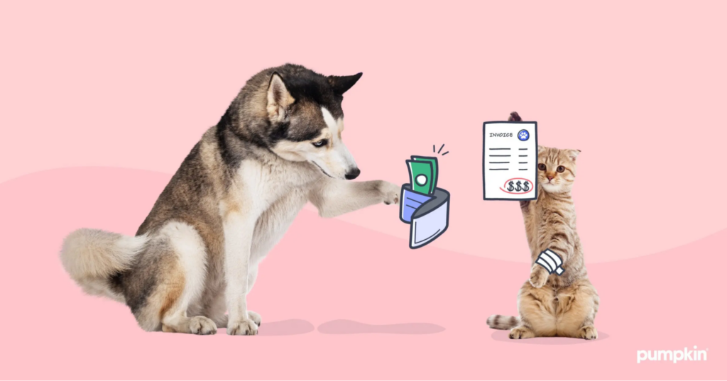 Dog handing over money to a cat for a vet invoice.