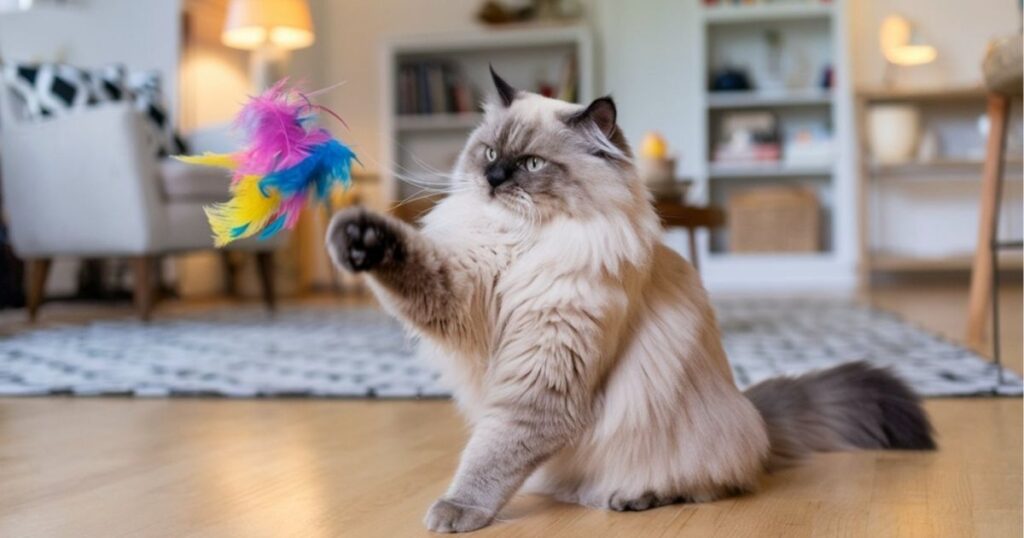 ragdoll playing with feather toy in a living room